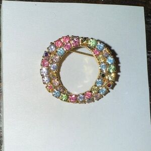 Oval Infinity Rhinestone Brooch Pastel Color Stones Gold Tone Prong Set Stones